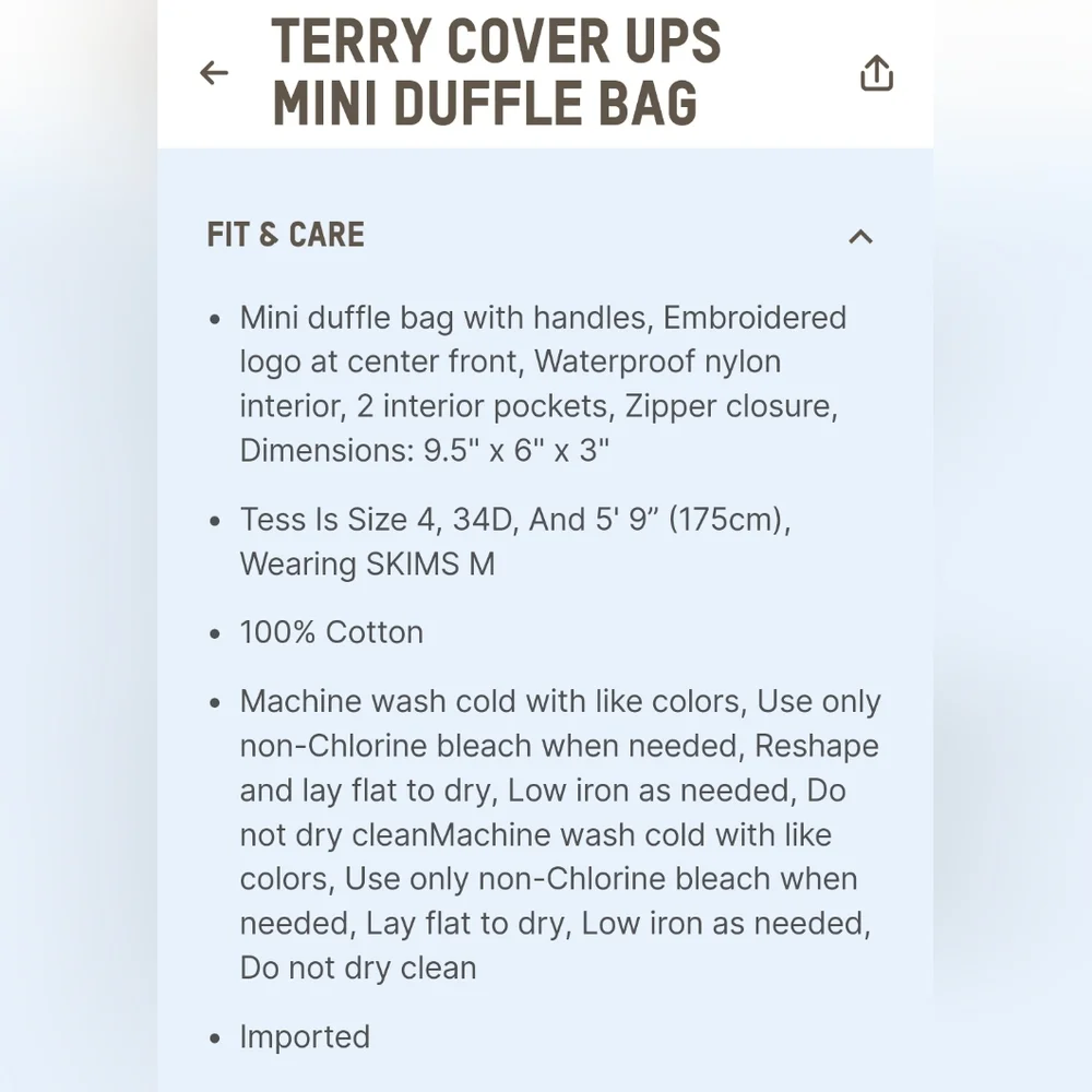 💕NWT SKIMS Terry Coverups Mini Duffle Bag Blue Tide Tote Purse Summer Poolside - Picture 3 of 5